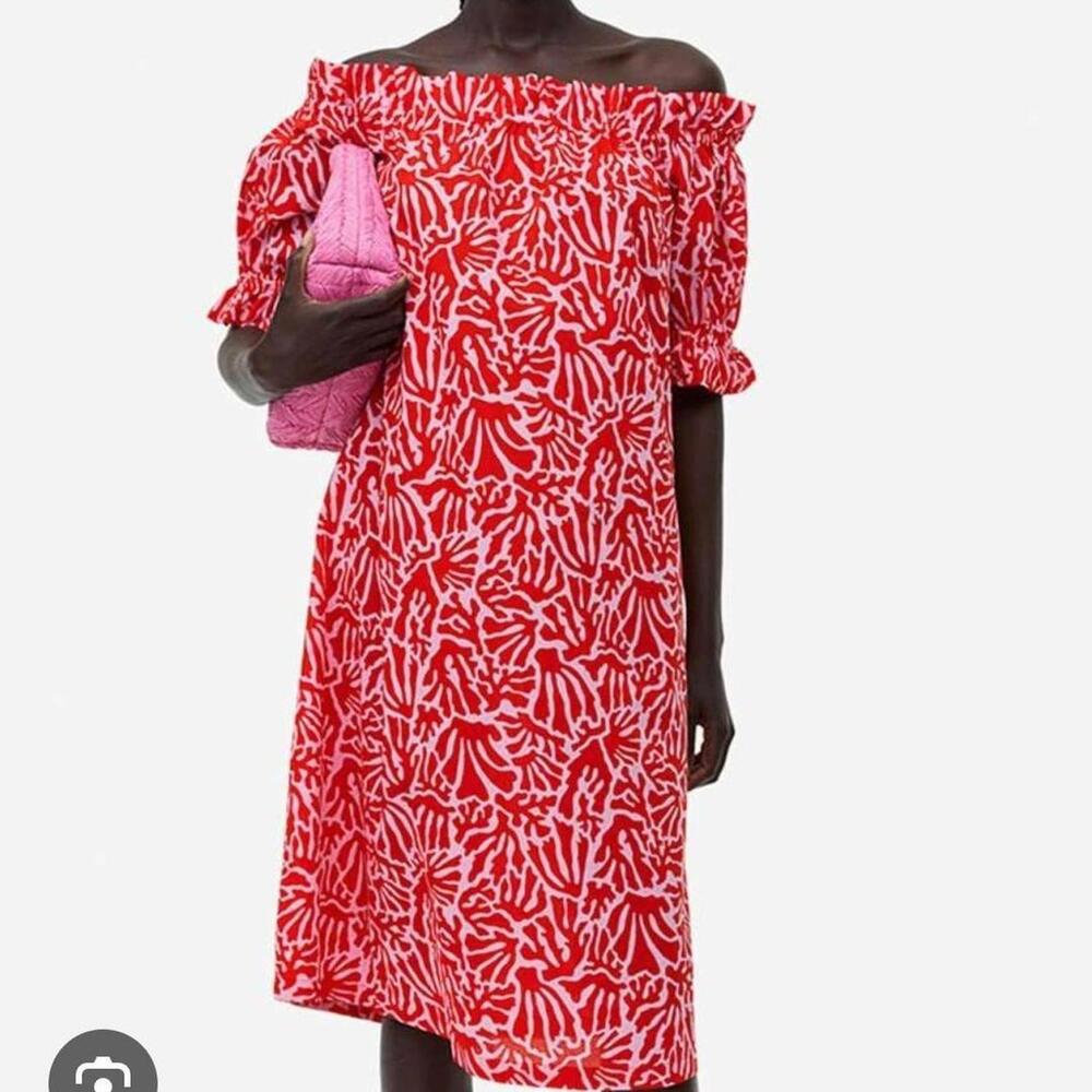 H&M cotton coral pint off the shoulder dress